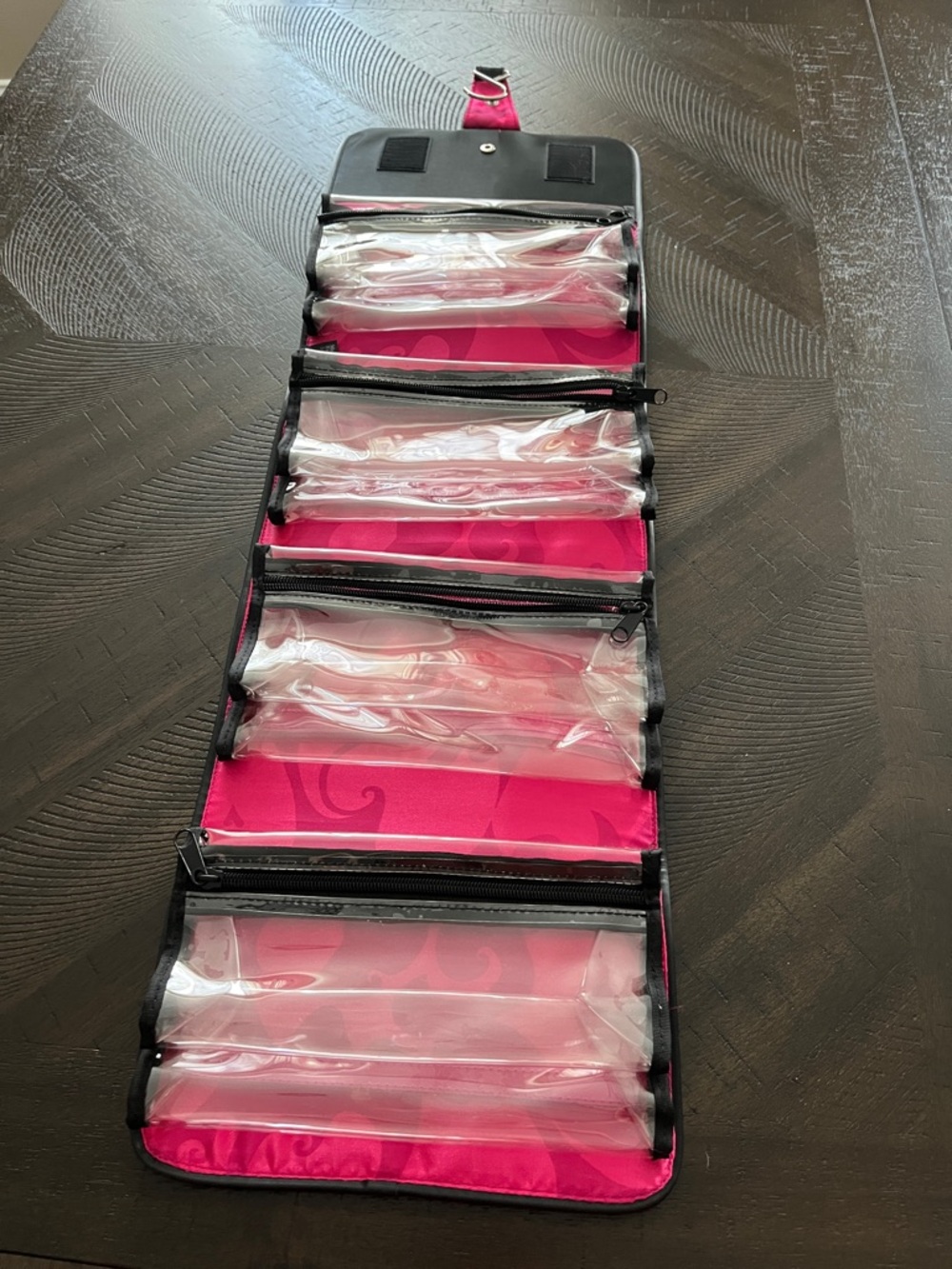 Hanging Pink Makeup Organizer with Clear Zip Pockets